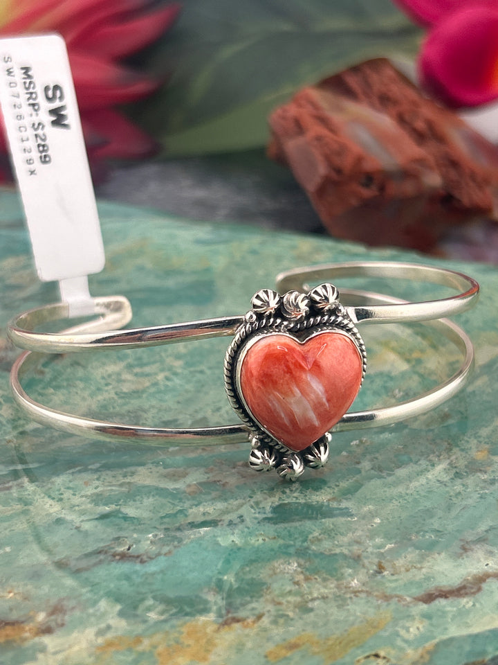 Southwest 925 Sterling Silver Red Spiny Oyster Heart Cuff