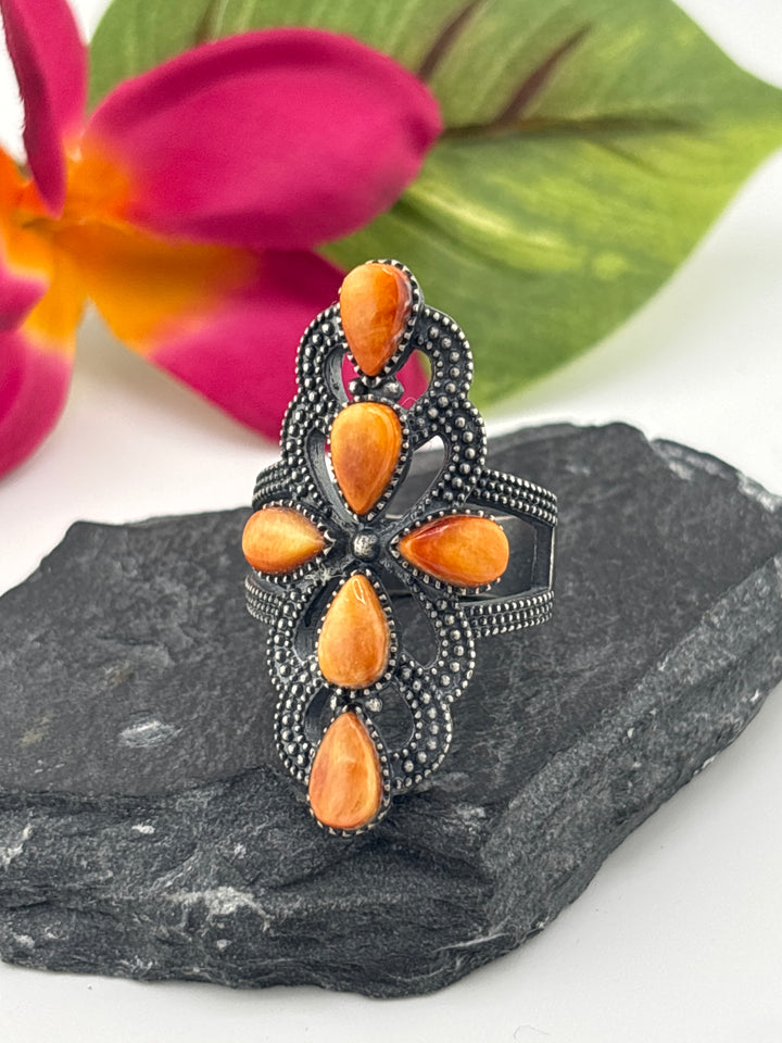 Orange Spiny Oyster Cross and 925 Sterling Silver Ring Size 10
