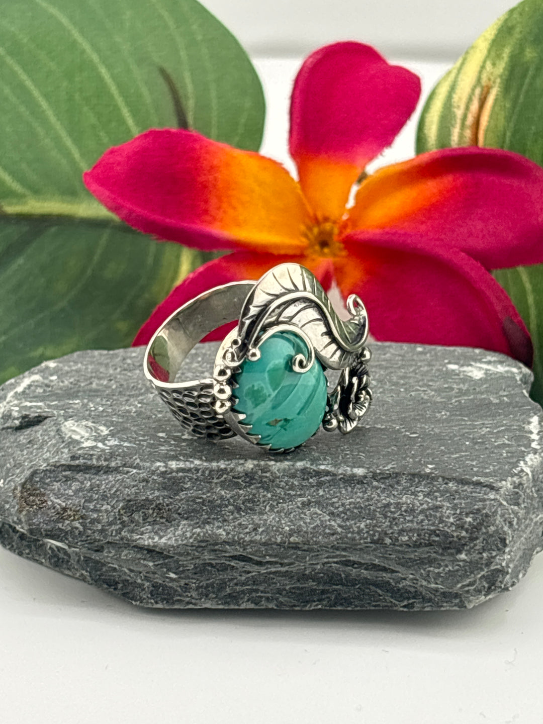 Hubei Turquoise w/Floral Design Ring Size 7 Adjustable