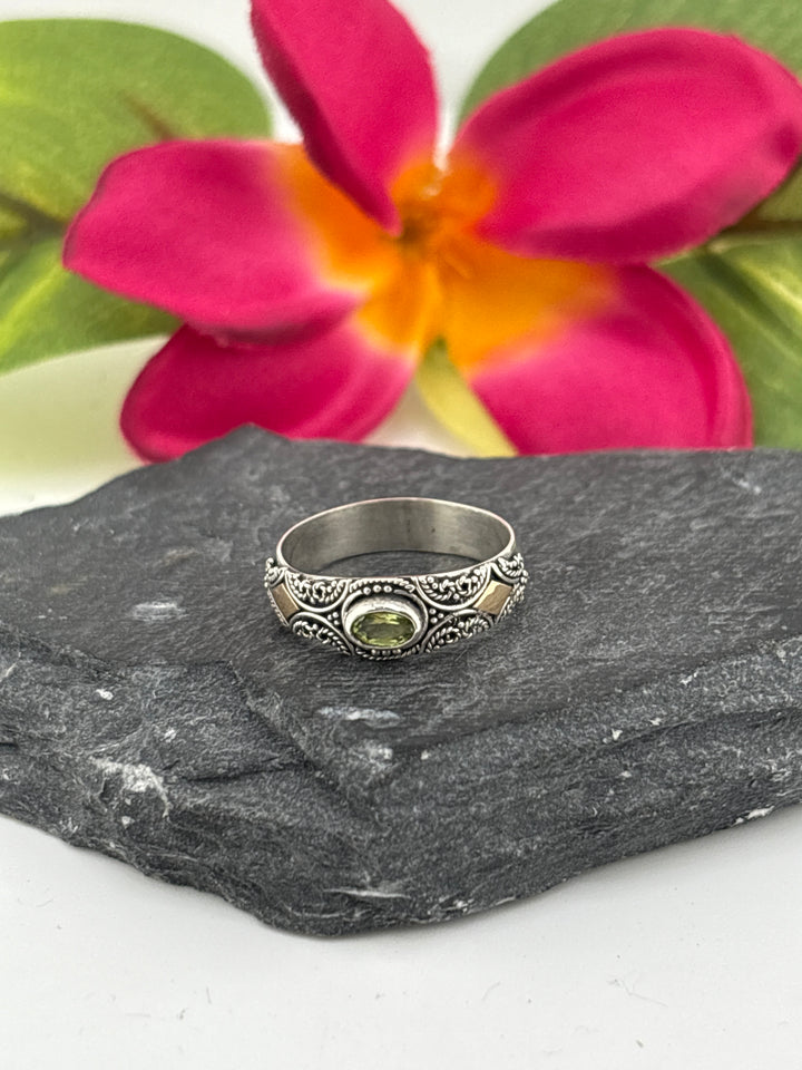 Peridot & 18k Gold Accent Bali Band Ring