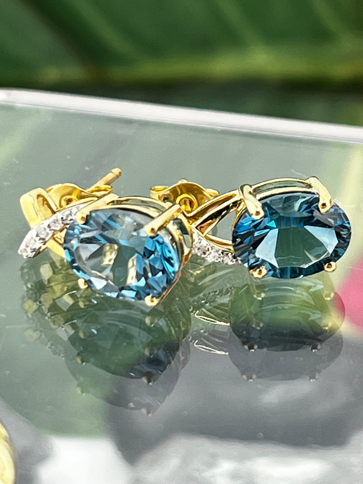 10K Gold London blue Topaz and Diamond Earrings