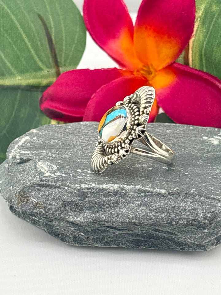 Spiny Oyster Copper Turquoise Ring Size 7