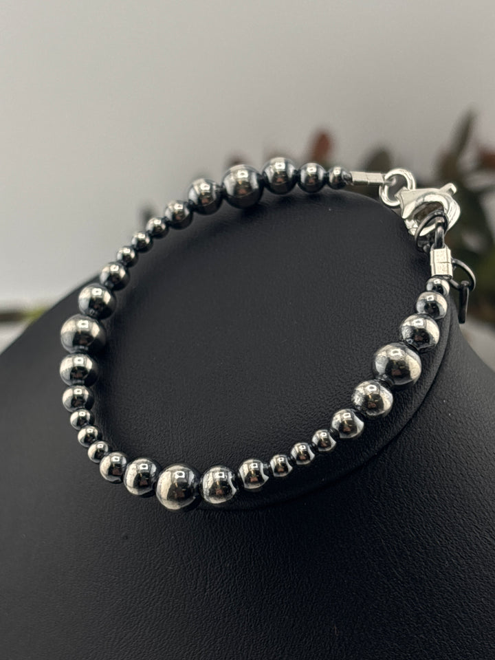 3-6mm 6"+1" Oxidized 925 Sterling Silver Bead Bracelet