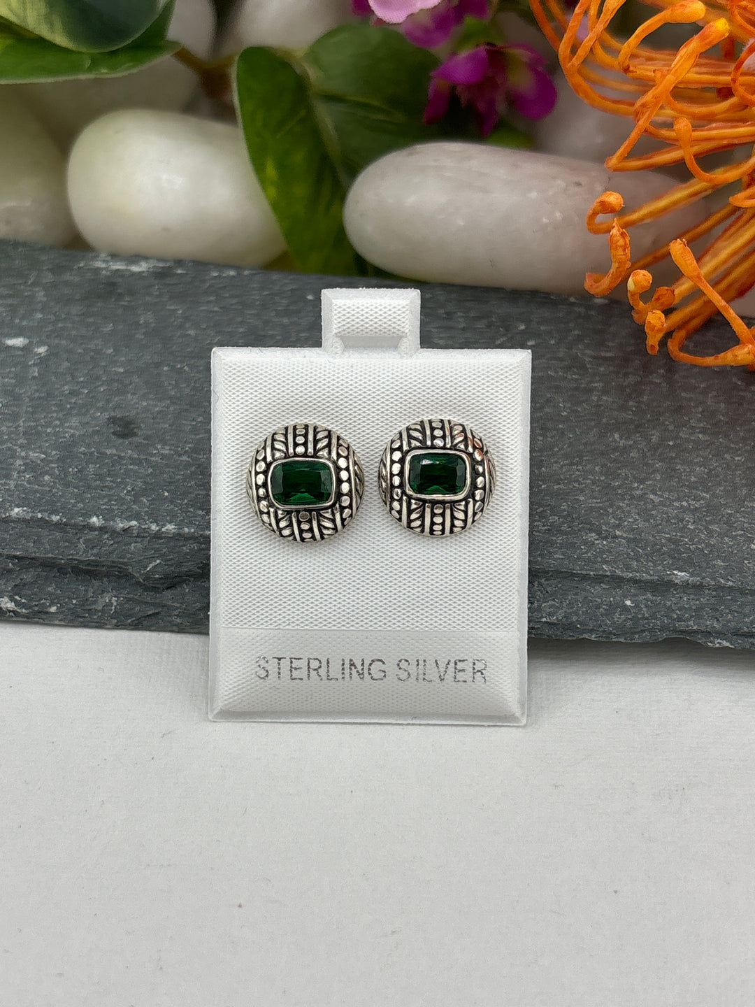 Green Bali CZ Stud Earrings