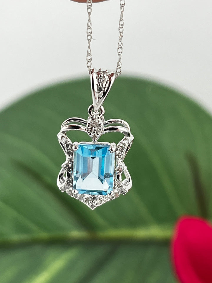 10K White Gold Blue Topaz and Diamond Necklace
