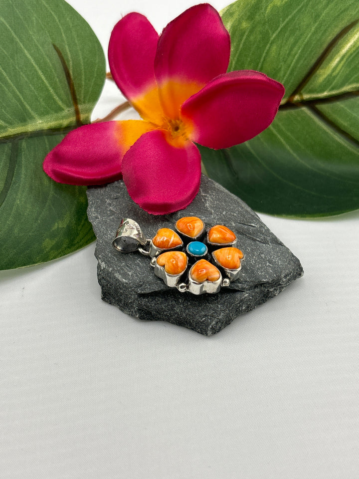 Spiny Oyster & Turquoise Heart Flower Pendant
