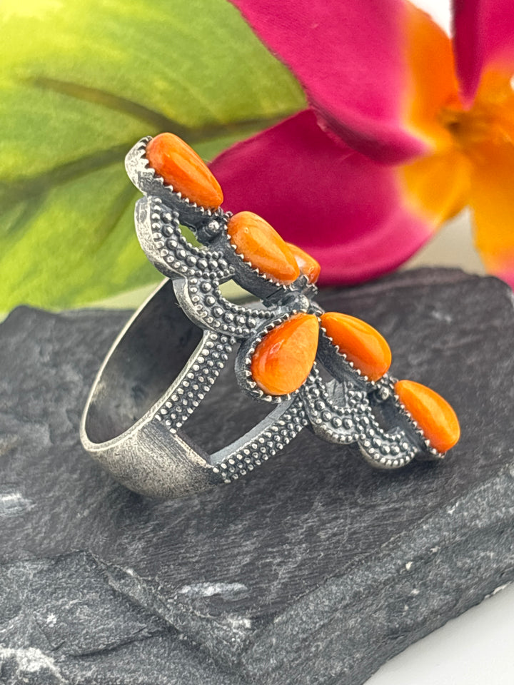 Orange Spiny Oyster Cross and 925 Sterling Silver Ring Size 10