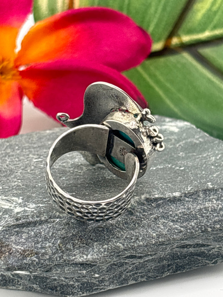 Hubei Turquoise w/Floral Design Ring Size 7 Adjustable
