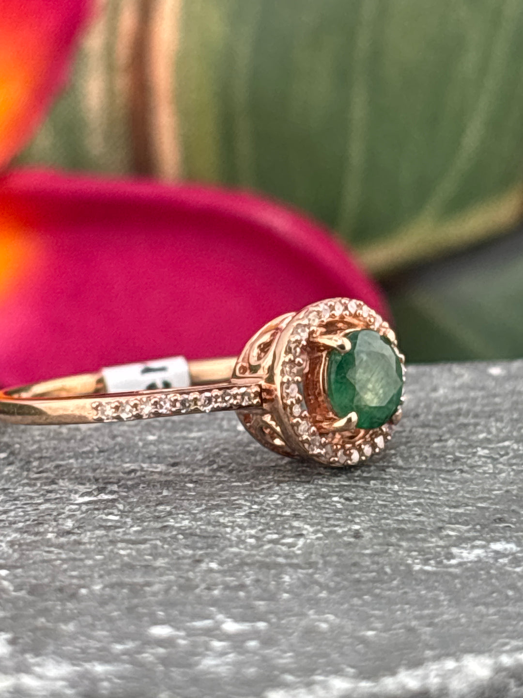 10k Rose Gold, Natural Diamond and Emerald Ring Size 7