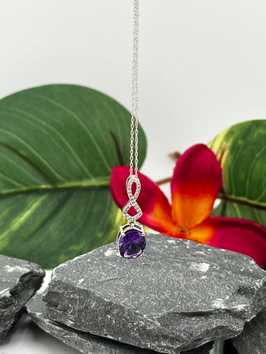 10K White Gold Amethyst and Diamond Necklace