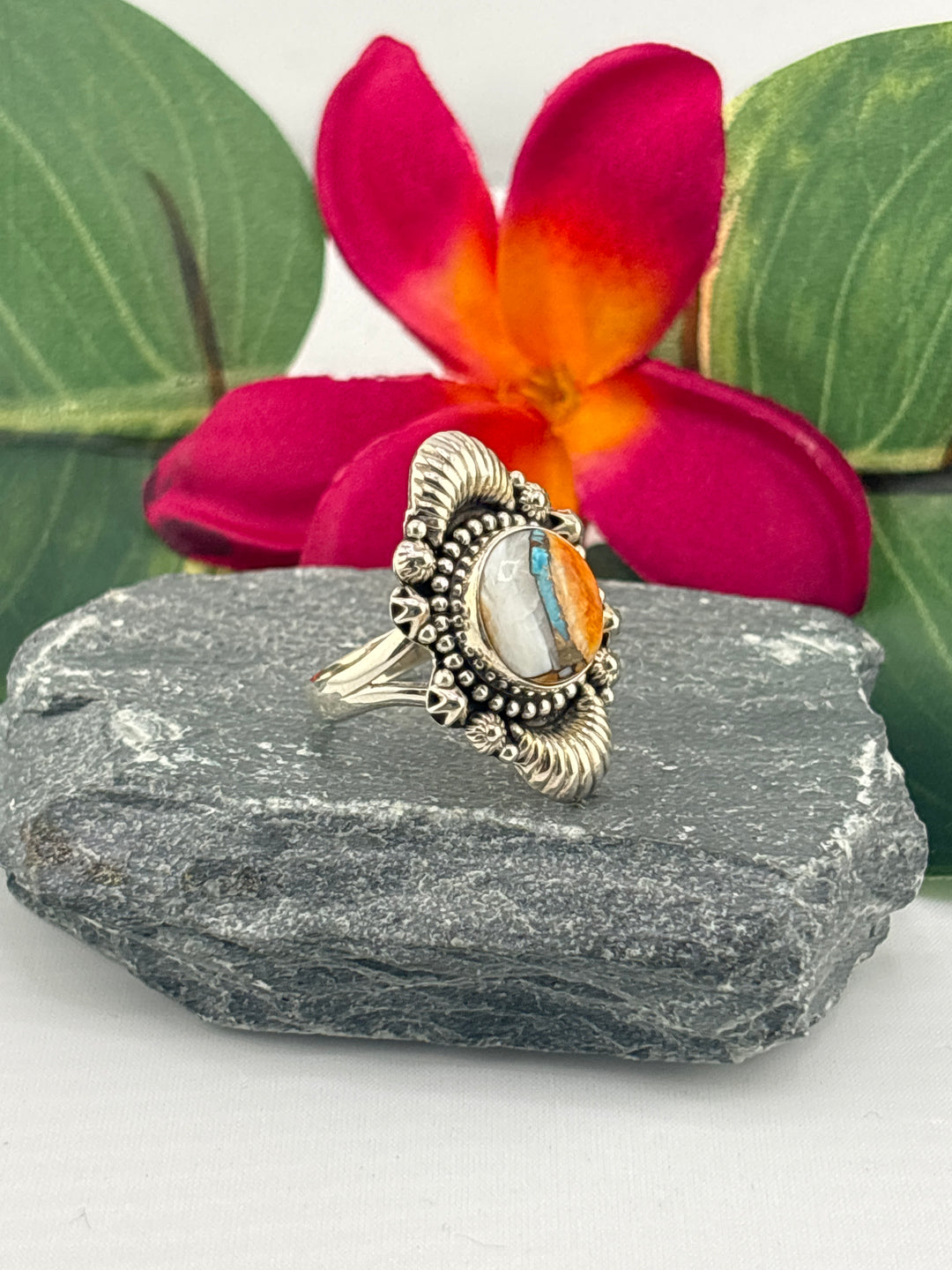 Spiny Oyster Copper Turquoise Ring Size 9.25