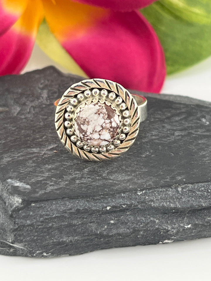 Round Wild Horse Jasper and 925 Sterling Silver Ring Size 8