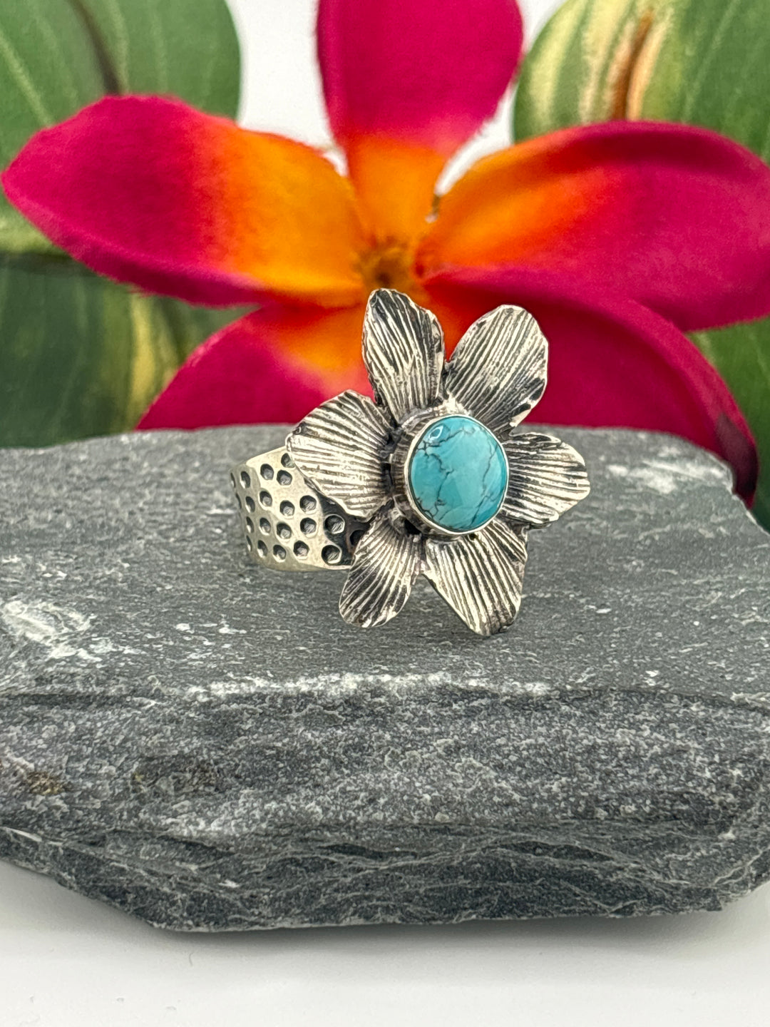 Hubei Turquoise Flower Ring Size 9 Adjustable