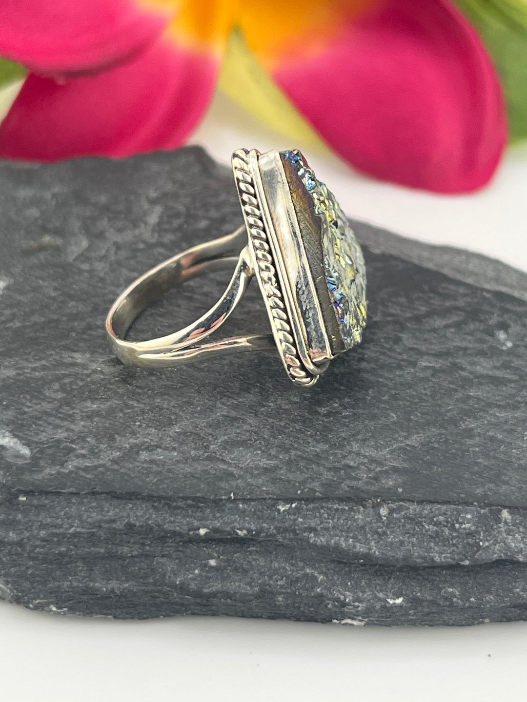 Titanium Druzy and 925 Sterling Silver Ring