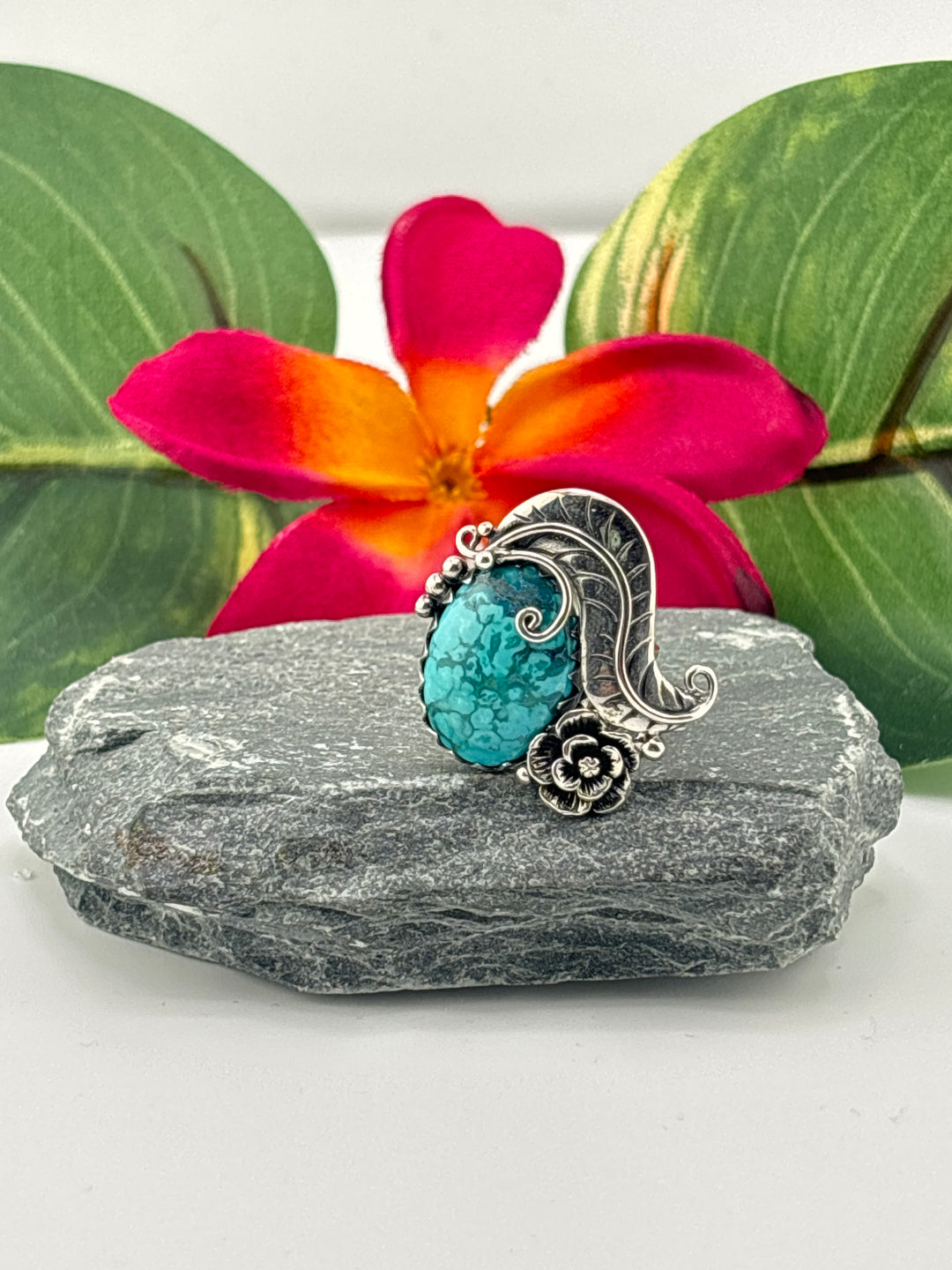 Hubei Turquoise w/Floral Design Ring Size 7 Adjustable