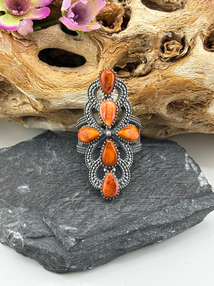Oxidized Orange Spiny Oyster Cross Ring Size 7