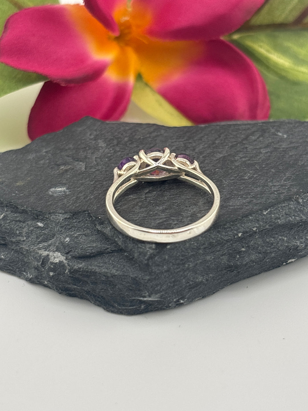 Triple Amethyst and 925 Sterling Silver Ring Size 8