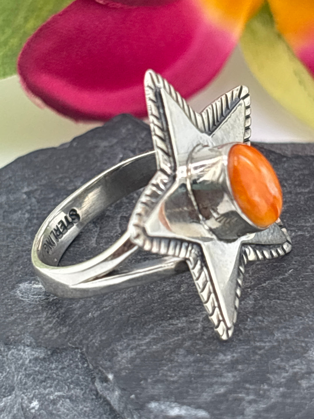 Spiny Oyster and 925 Sterling Silver Star Ring Size 8