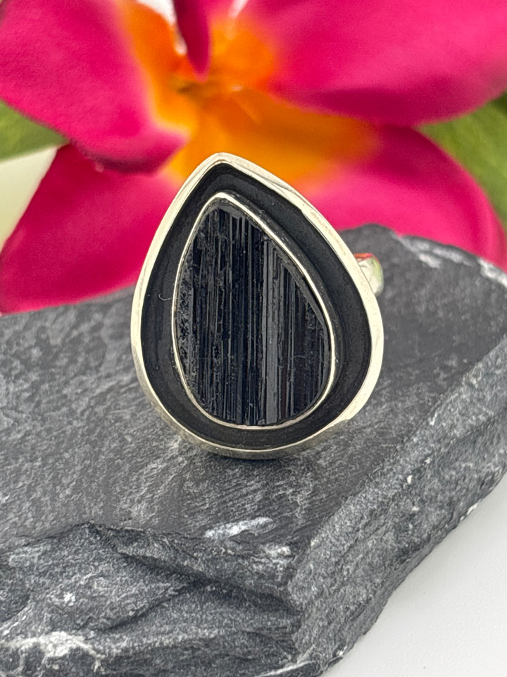Raw Black Tourmaline and 925 Sterling Silver Ring Size 9