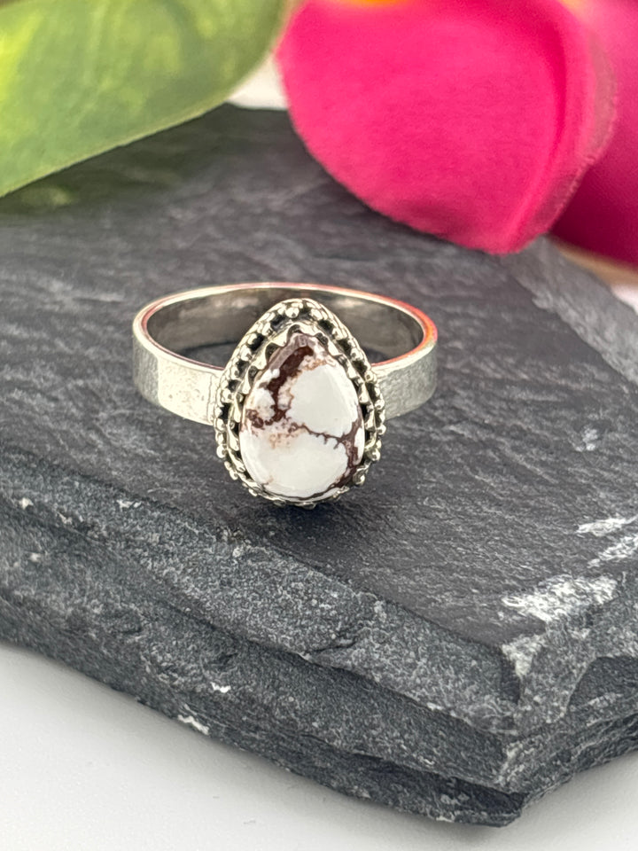 Teardrop Wild Horse Jasper and 925 Sterling Silver Ring Size 6