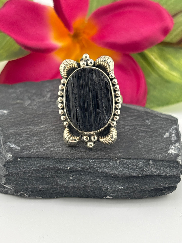 Raw Black Tourmaline and 925 Sterling Silver Ring Size 9