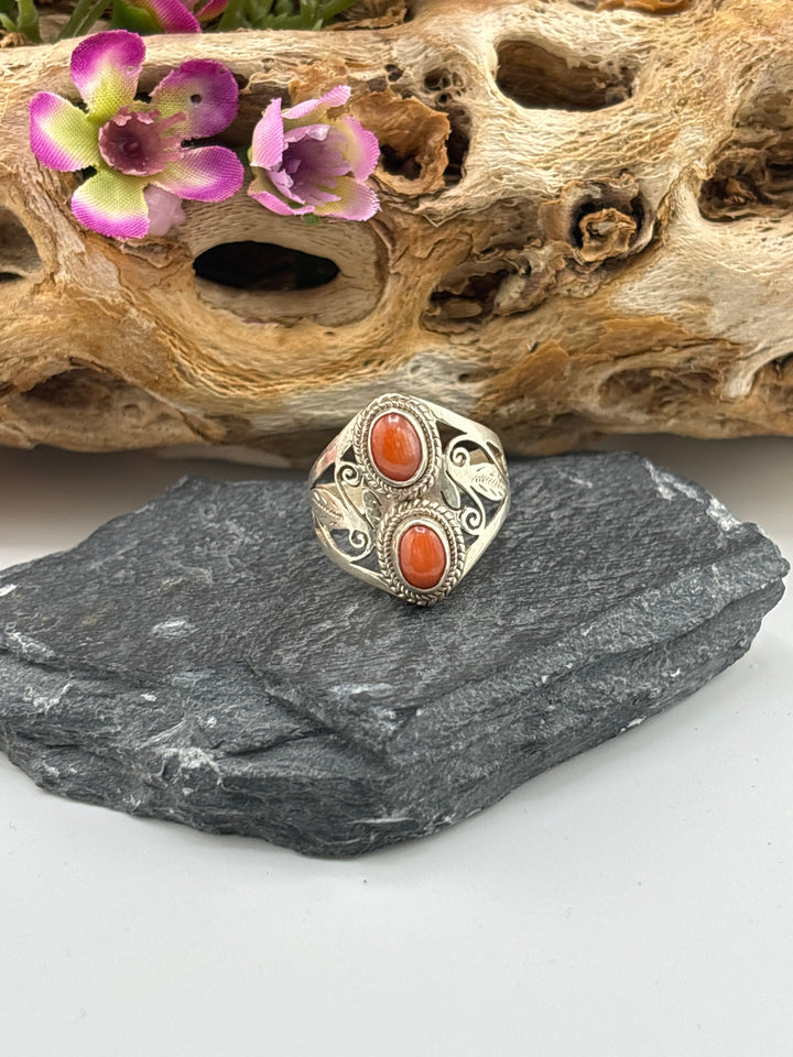 Double Italian Red Coral Ring Size 8 3/4