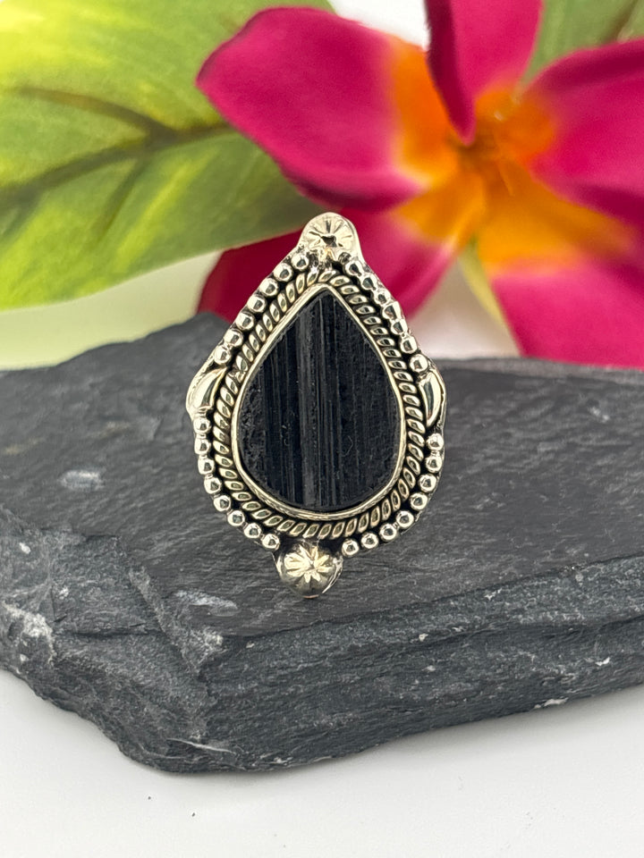 Raw Black Tourmaline and 925 Sterling Silver Ring Size 8.25