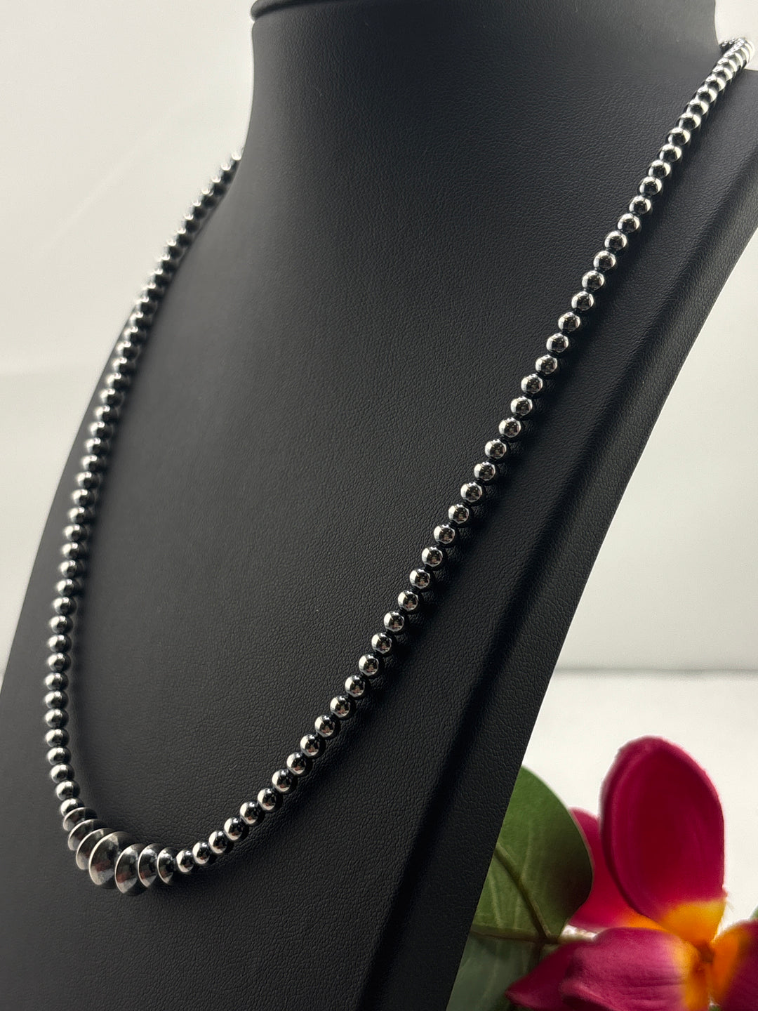 Graduated Bead & Saucer 4/6/7/8/10mm 20"+2" Oxidized 925 Sterling Silver Bead Necklace