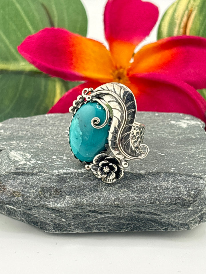 Hubei Turquoise w/Floral Design Ring Size 6 Adjustable