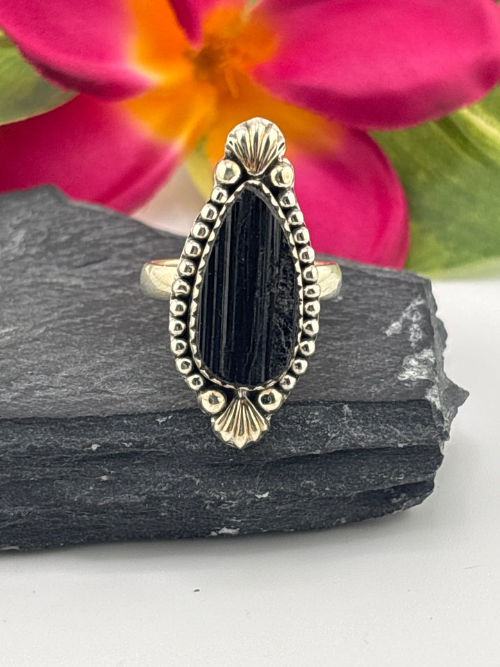 Raw Black Tourmaline and 925 Sterling Silver Ring Size 7