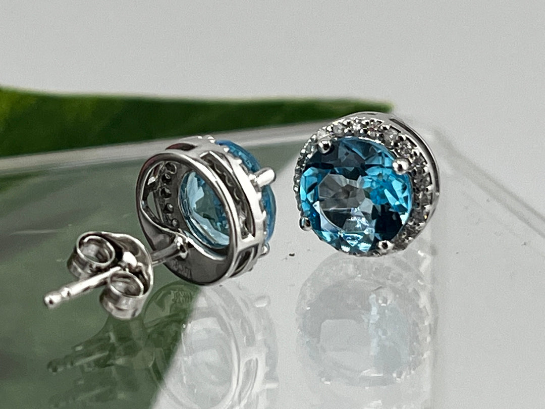 10K White Gold Blue Topaz and Diamond Earrings