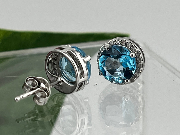 10K White Gold Blue Topaz and Diamond Earrings