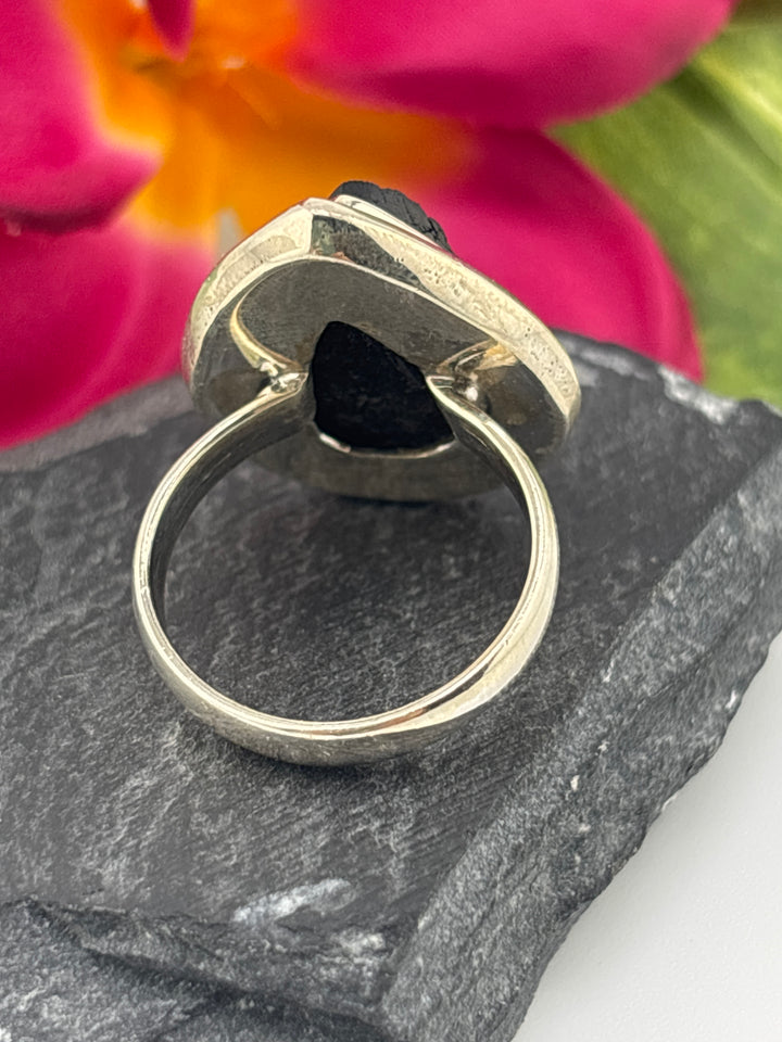 Raw Black Tourmaline and 925 Sterling Silver Ring Size 9