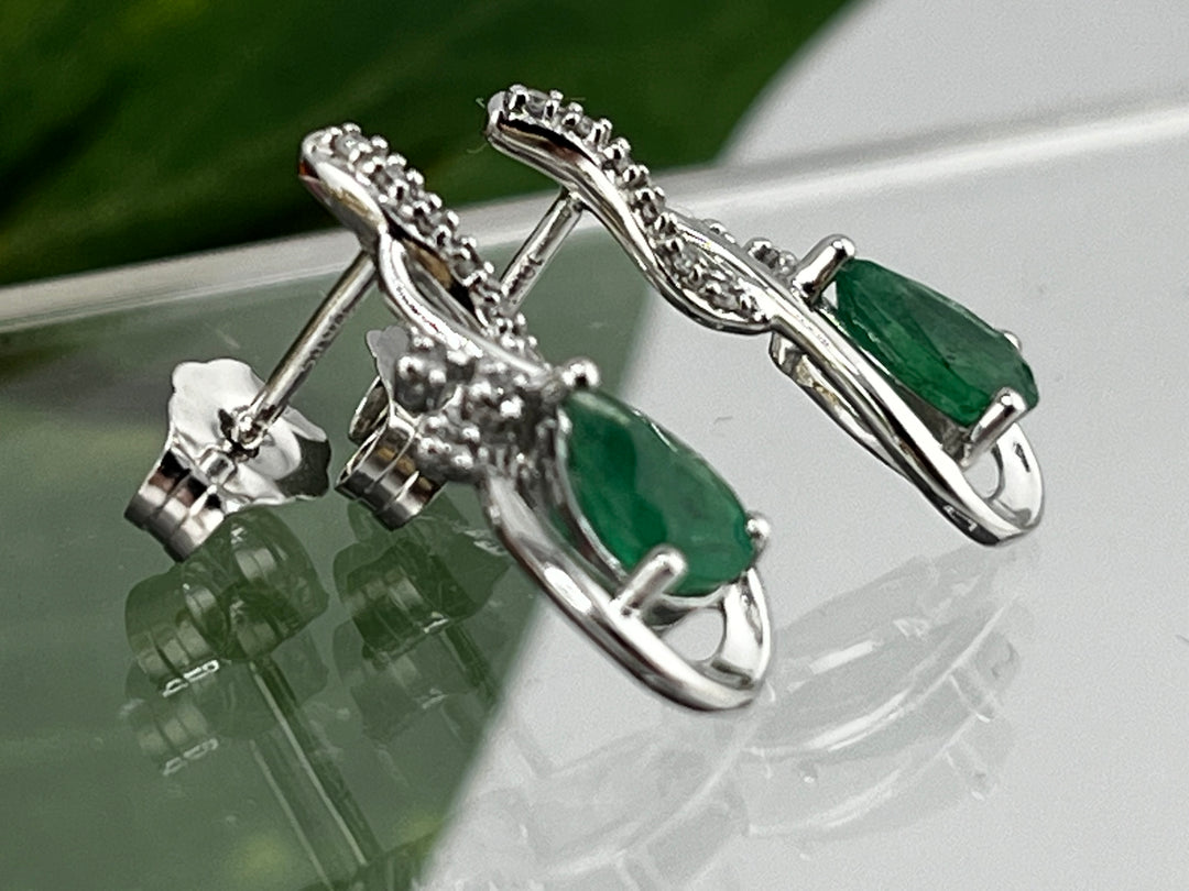 10K White Gold Emerald and Diamond Earrings