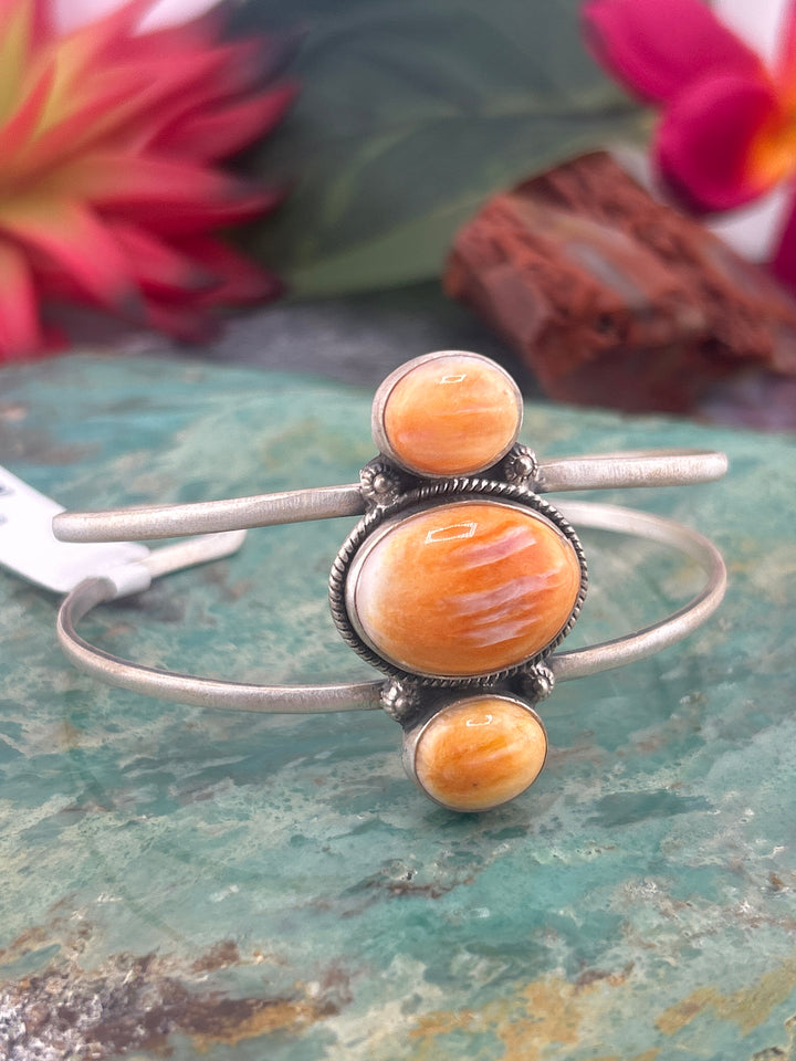 Southwest 925 Sterling Silver Triple Orange Spiny Oyster Cuff