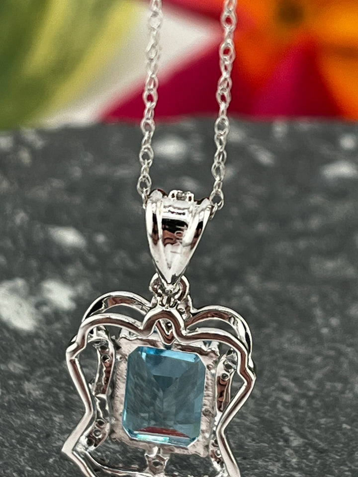 10K White Gold Blue Topaz and Diamond Necklace