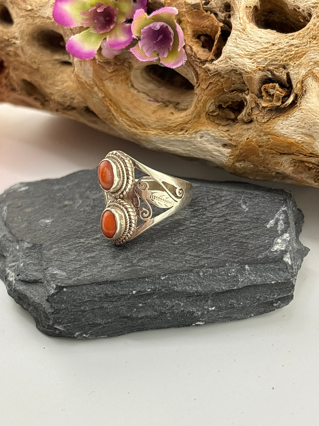 Double Italian Red Coral Ring Size 8 3/4