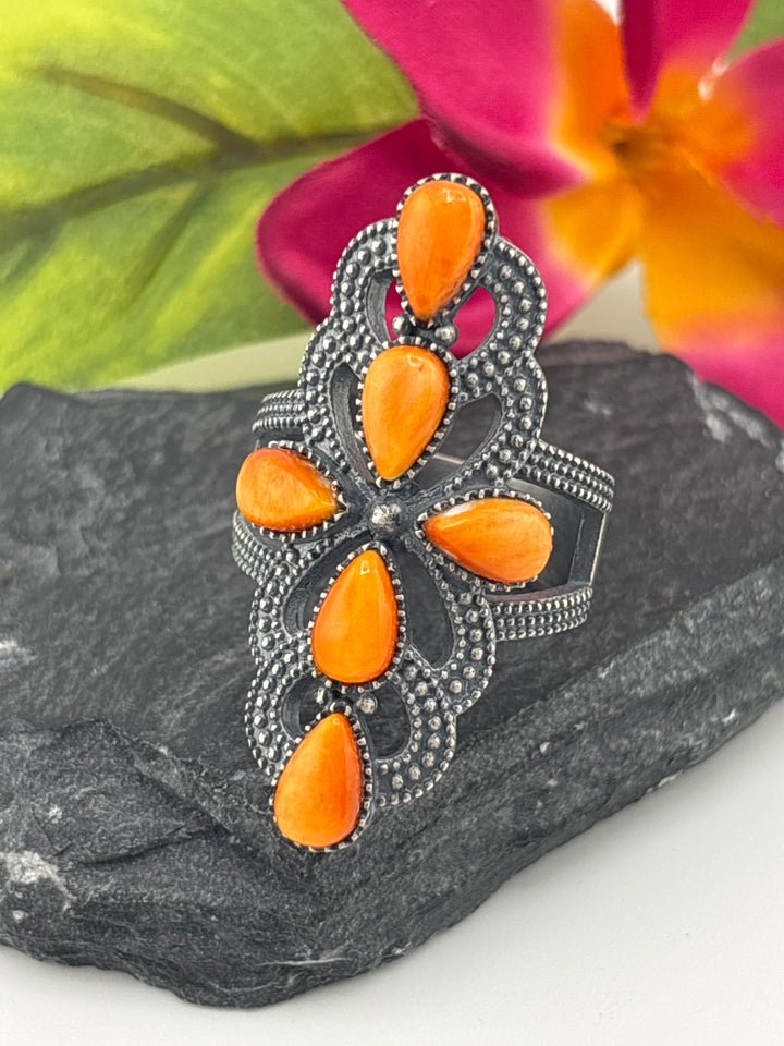 Orange Spiny Oyster Cross and 925 Sterling Silver Ring Size 10