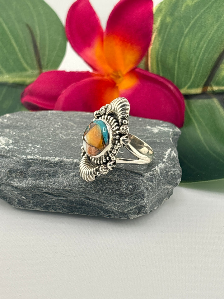 Spiny Oyster Copper Turquoise Ring Size 7