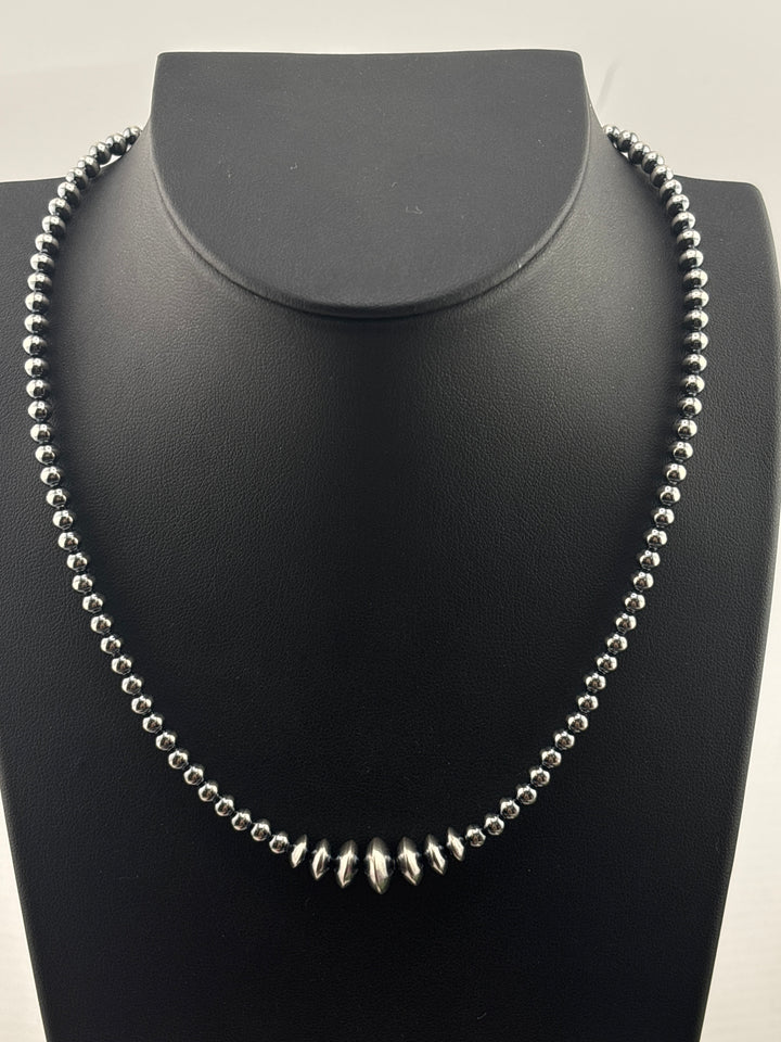 Graduated Bead & Saucer 4/6/7/8/10mm 16"+2" Oxidized 925 Sterling Silver Bead Necklace