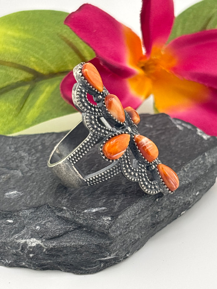 Orange Spiny Oyster Cross and 925 Sterling Silver Ring Size 10