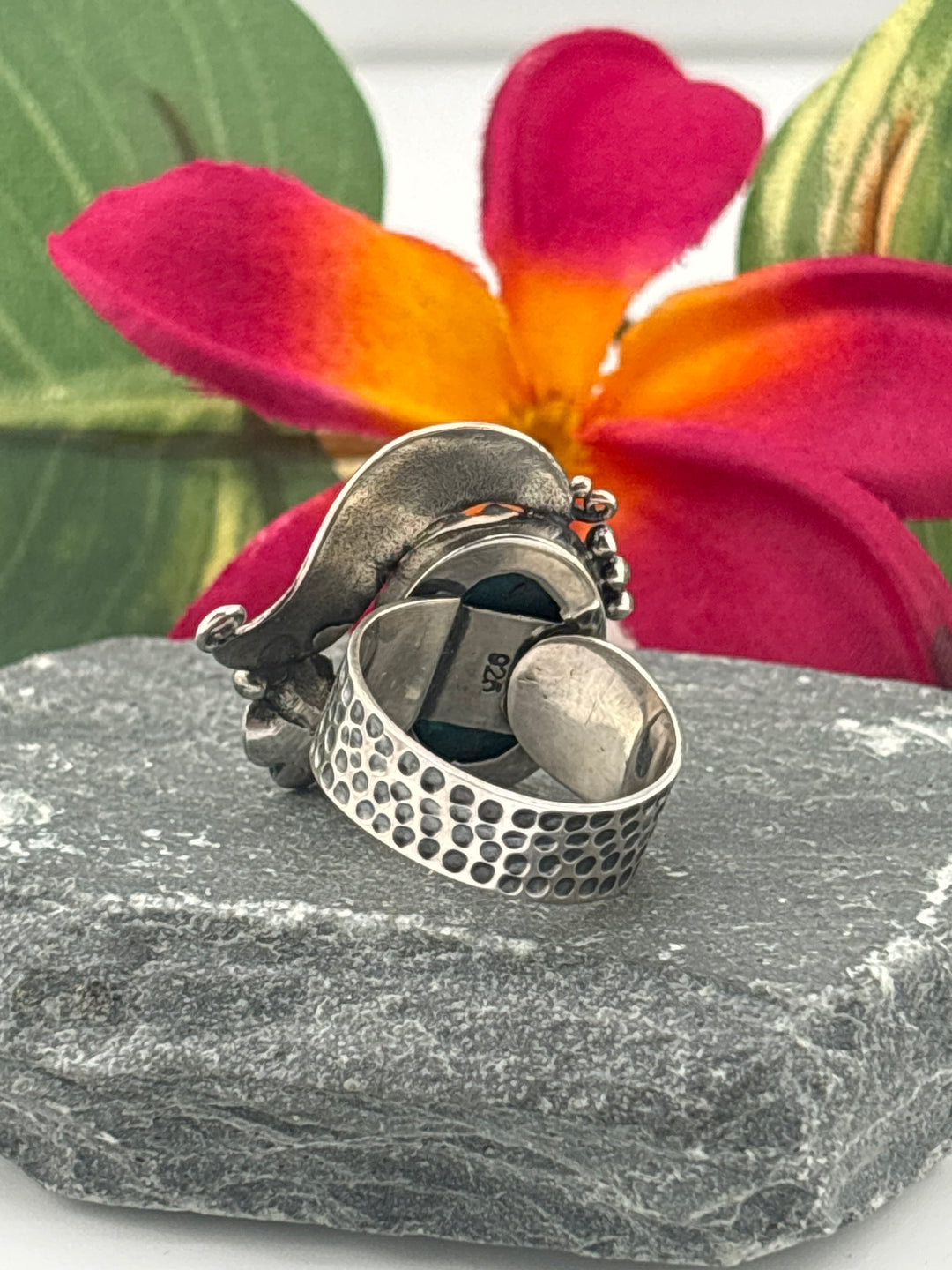 Hubei Turquoise w/Floral Design Ring Size 6 Adjustable