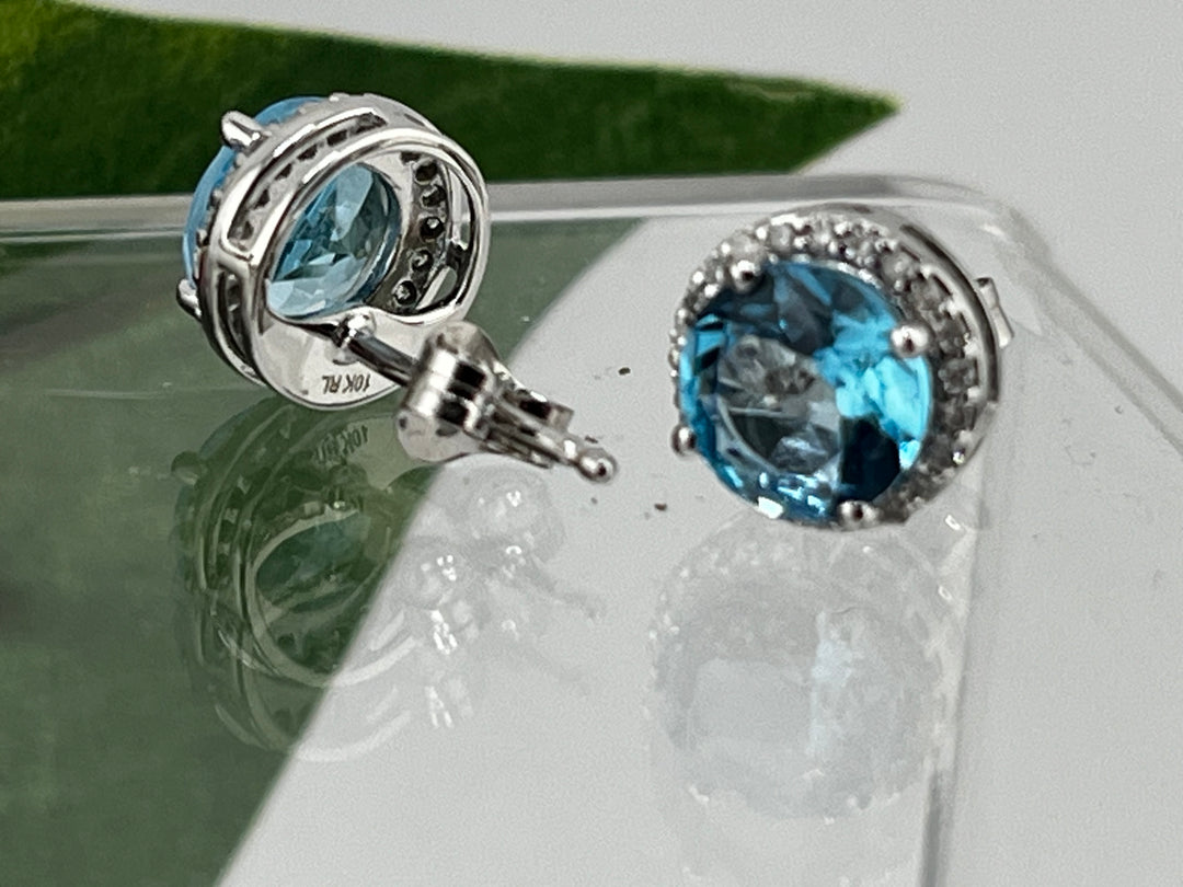 10K White Gold Blue Topaz and Diamond Earrings