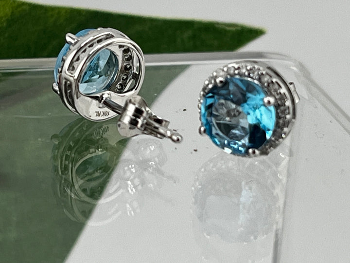 10K White Gold Blue Topaz and Diamond Earrings