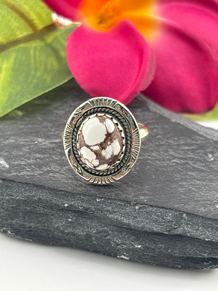 Round Wild Horse Jasper and 925 Sterling Silver Ring Size 6