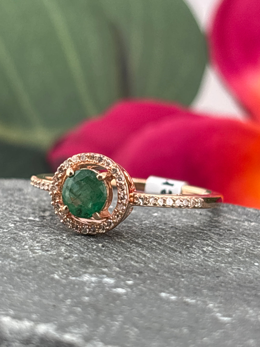 10k Rose Gold, Natural Diamond and Emerald Ring Size 7