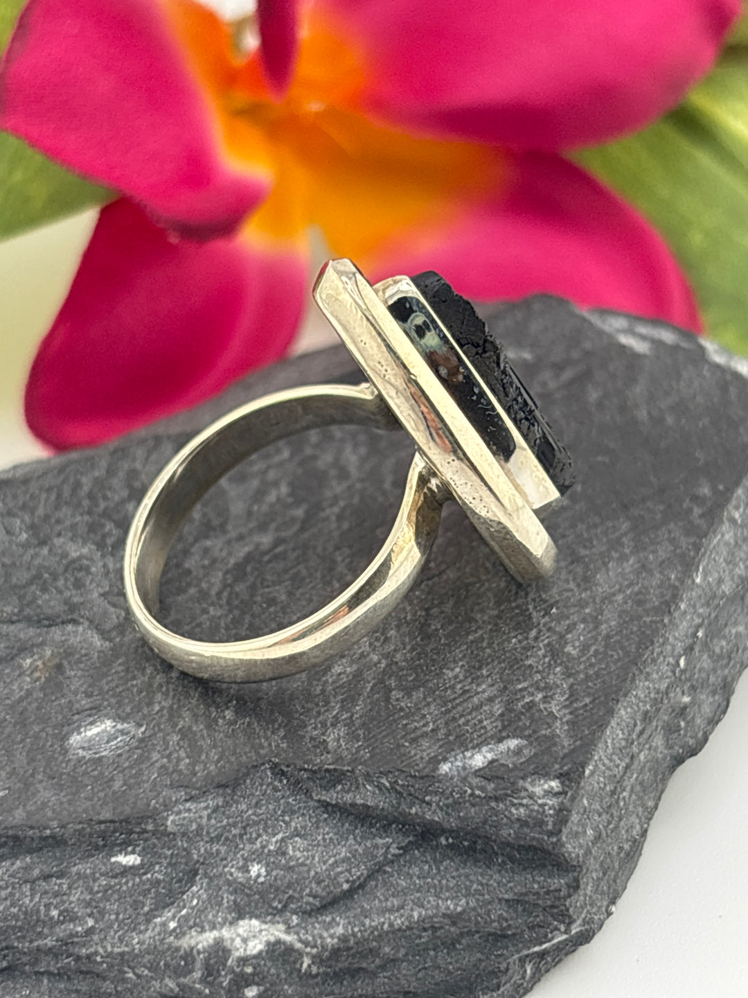 Raw Black Tourmaline and 925 Sterling Silver Ring Size 9