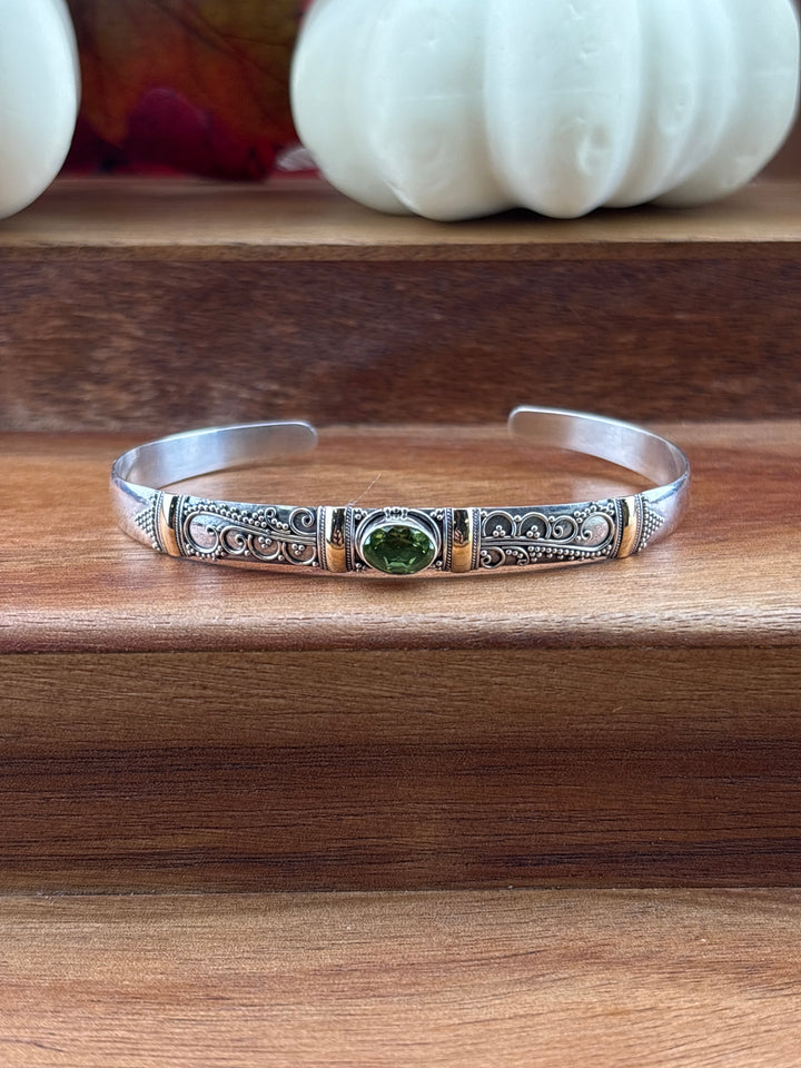 925 Sterling Silver & 18K Accent Peridot Bali Cuff Bracelet