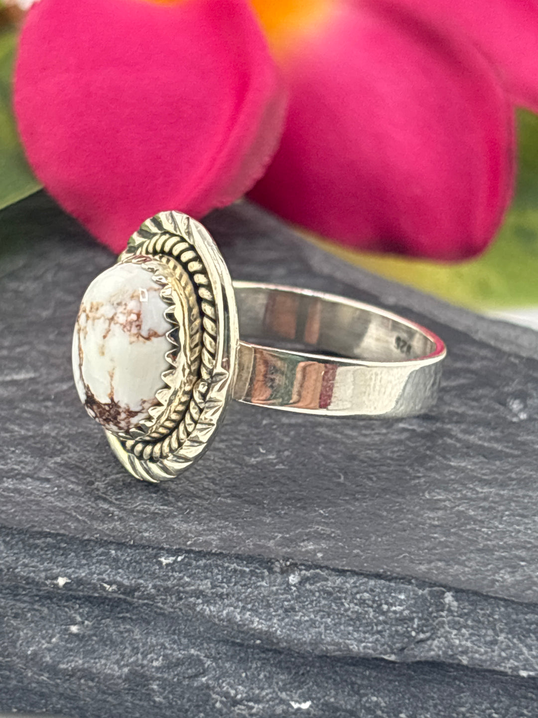 Round Wild Horse Jasper and 925 Sterling Silver Ring Size 8