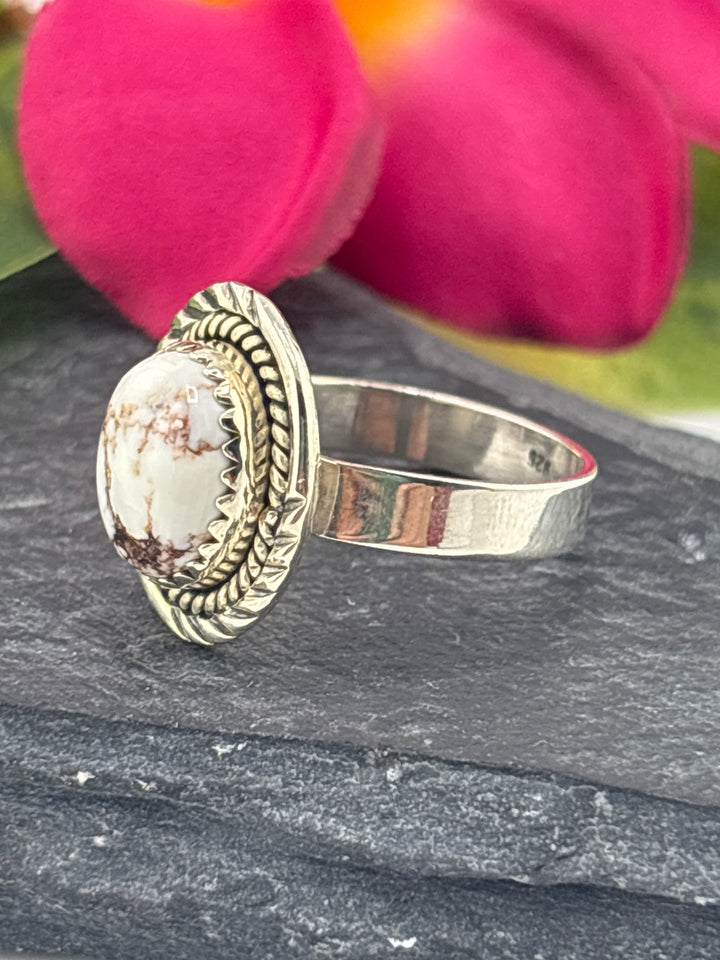 Round Wild Horse Jasper and 925 Sterling Silver Ring Size 8